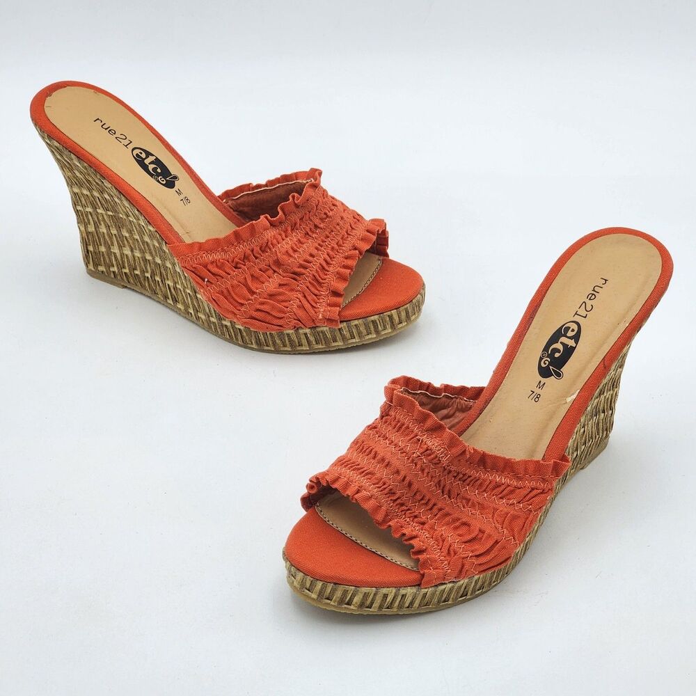 Rue 21 Y2K Vintage Ruched Stretch Straw Woven Wedge Slide Sandal Orange Size 7/8